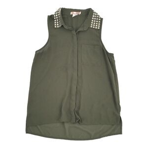 Katie K Studded Collar Buttin Front Sleeveless Chiffon Blouse Small Dark Green S